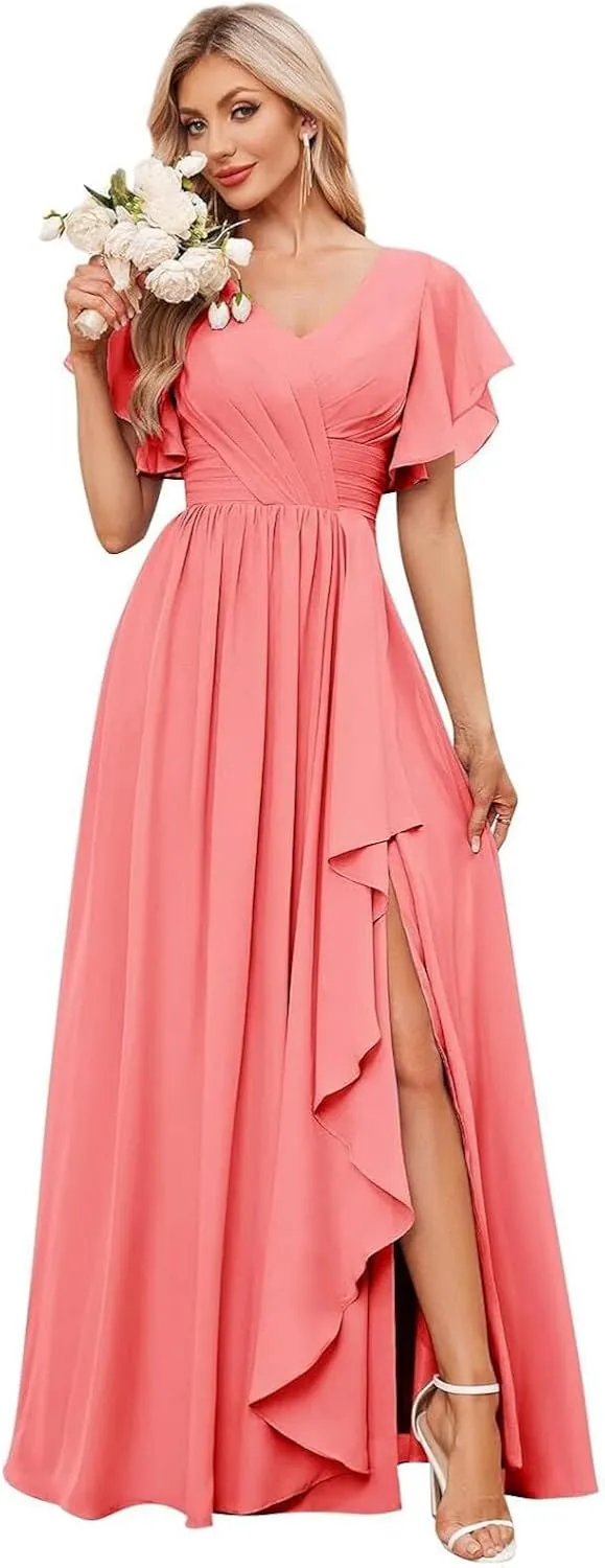 GDJDIFK Women's V-Neck Short Sleeve Bridesmaid Dresses for Wedding, Ruffled Chiffon Formal Evening Gown with Slit