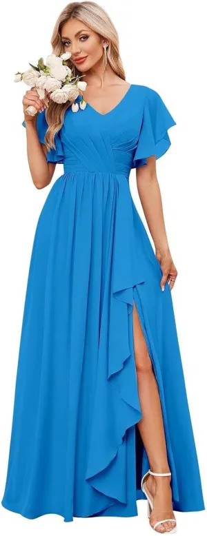 GDJDIFK Women's V-Neck Short Sleeve Bridesmaid Dresses for Wedding, Ruffled Chiffon Formal Evening Gown with Slit