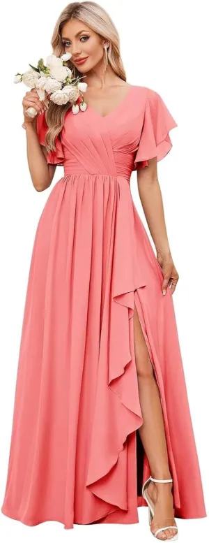 GDJDIFK Women's V-Neck Short Sleeve Bridesmaid Dresses for Wedding, Ruffled Chiffon Formal Evening Gown with Slit