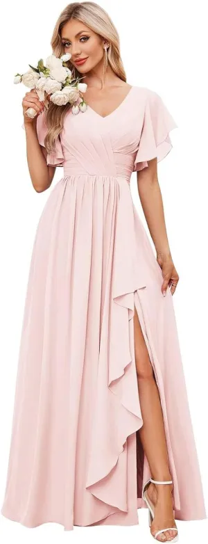 GDJDIFK Women's V-Neck Short Sleeve Bridesmaid Dresses for Wedding, Ruffled Chiffon Formal Evening Gown with Slit