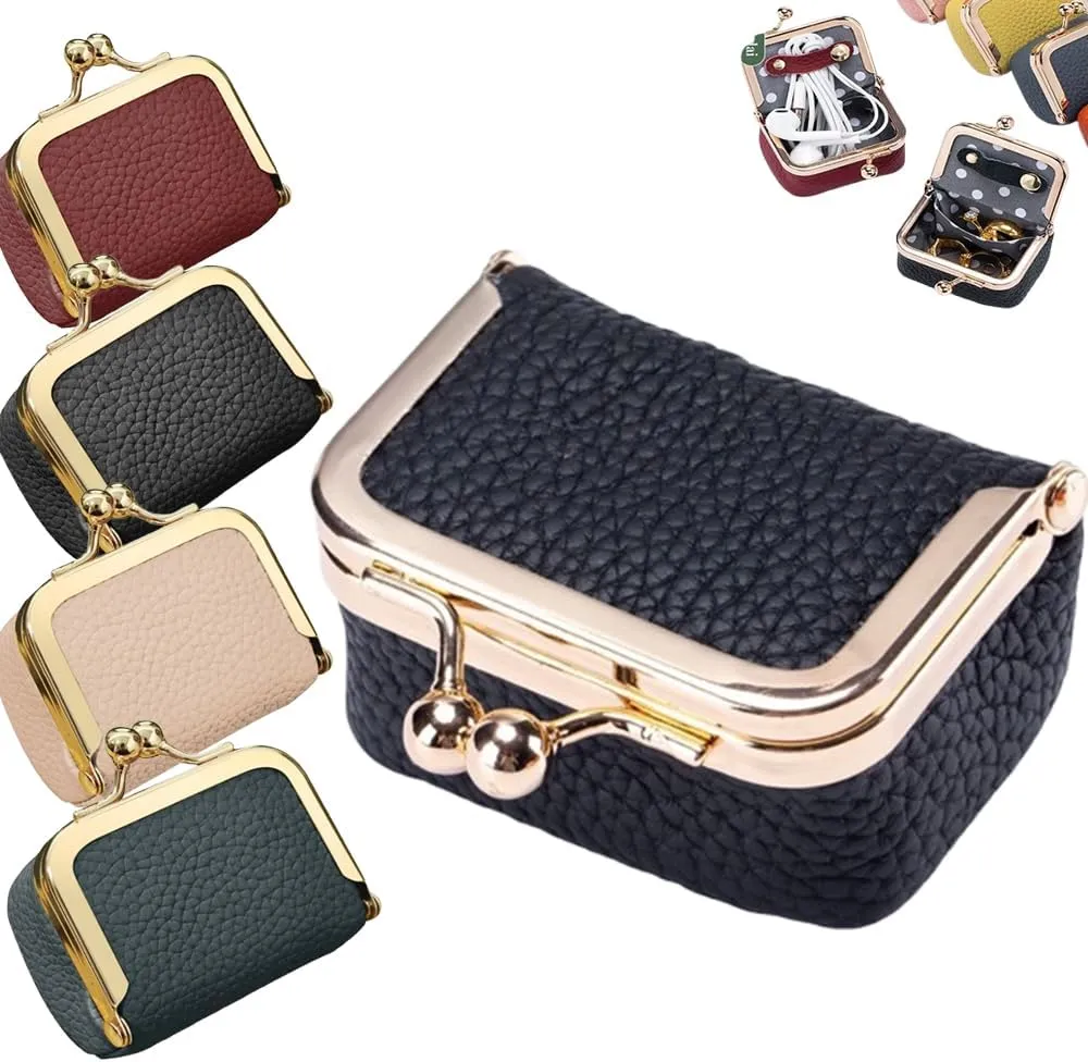 Genuine Leather Mini Jewelry Box, Portable Small Travel Jewelry Leather Box with Kiss Lock,Mini Jewelry Bag Ring Box, Solid Color Travel Jewelry Case Storage Box for Girls, Women (Black)