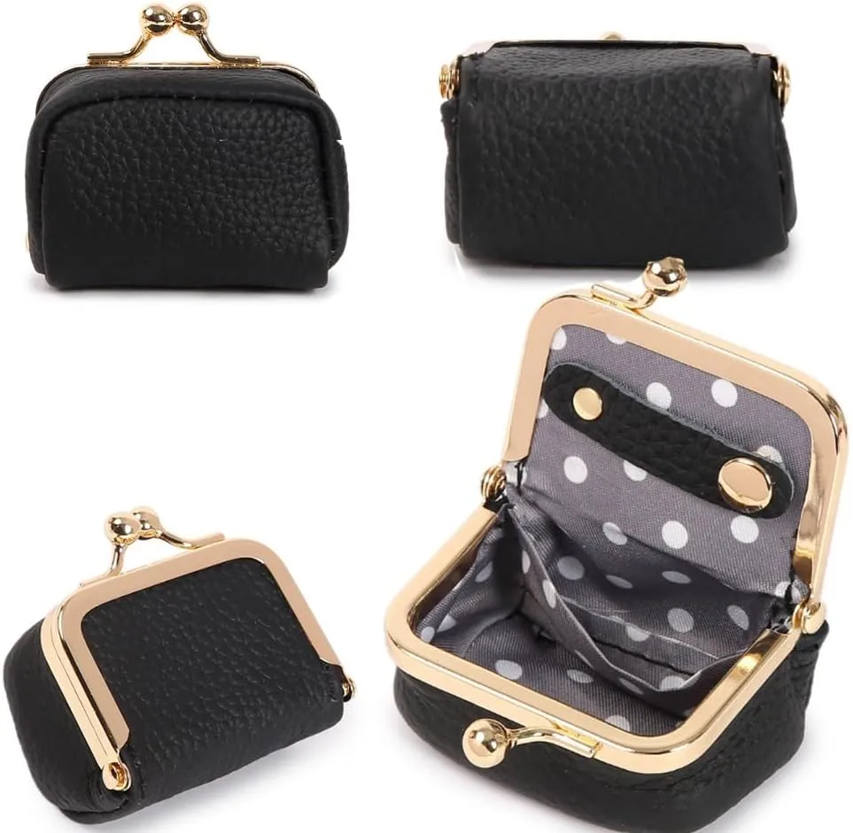 Genuine Leather Mini Jewelry Box, Portable Small Travel Jewelry Leather Box with Kiss Lock,Mini Jewelry Bag Ring Box, Solid Color Travel Jewelry Case Storage Box for Girls, Women (Black)