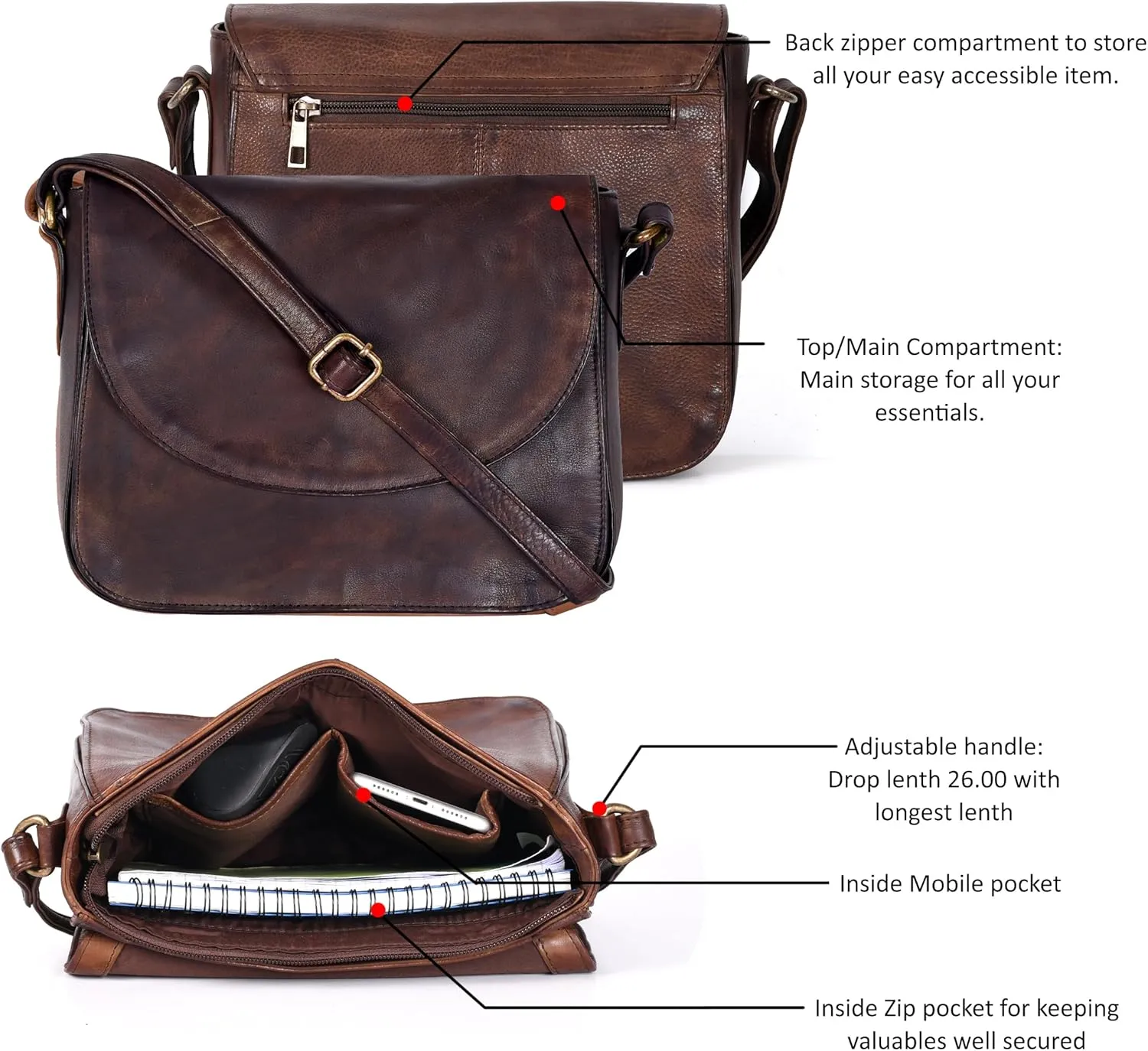 Genuine Leather Shoulder Crossbody Purse For Women with Adjustable Strap, Mobile Pocket & Outside & Inside Zipper