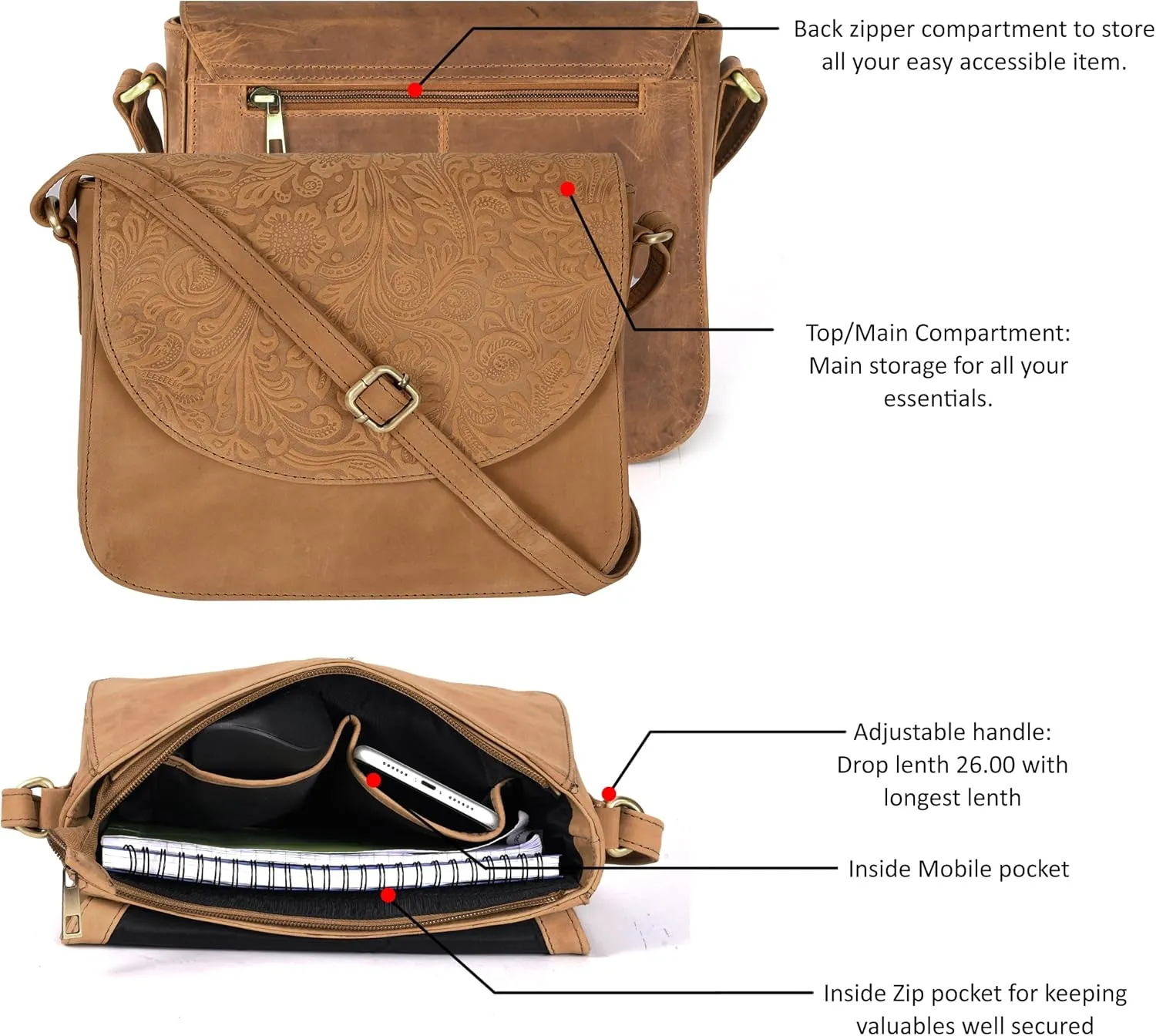 Genuine Leather Shoulder Crossbody Purse For Women with Adjustable Strap, Mobile Pocket & Outside & Inside Zipper