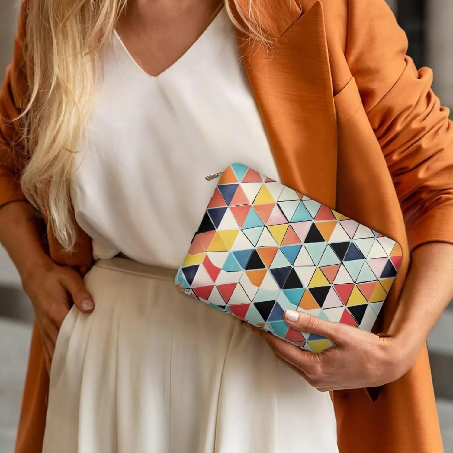 Geometric Lattice Customizable Travel Makeup Bag Slim PU Leather Makeup Bag for Purse (Fits 8  Essentials) | Personalized Makeup Bag for Moms Teens Professionals