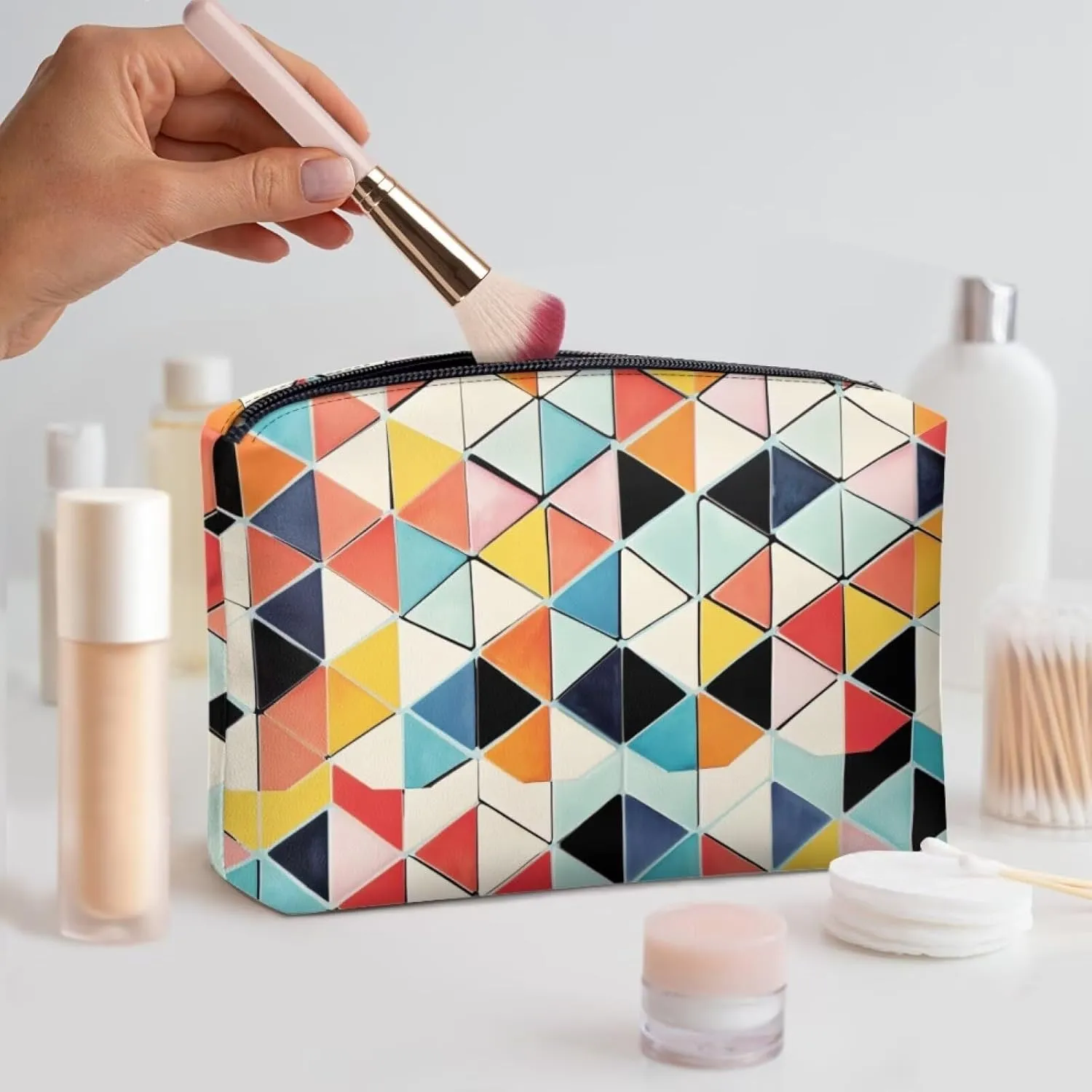 Geometric Lattice Customizable Travel Makeup Bag Slim PU Leather Makeup Bag for Purse (Fits 8  Essentials) | Personalized Makeup Bag for Moms Teens Professionals
