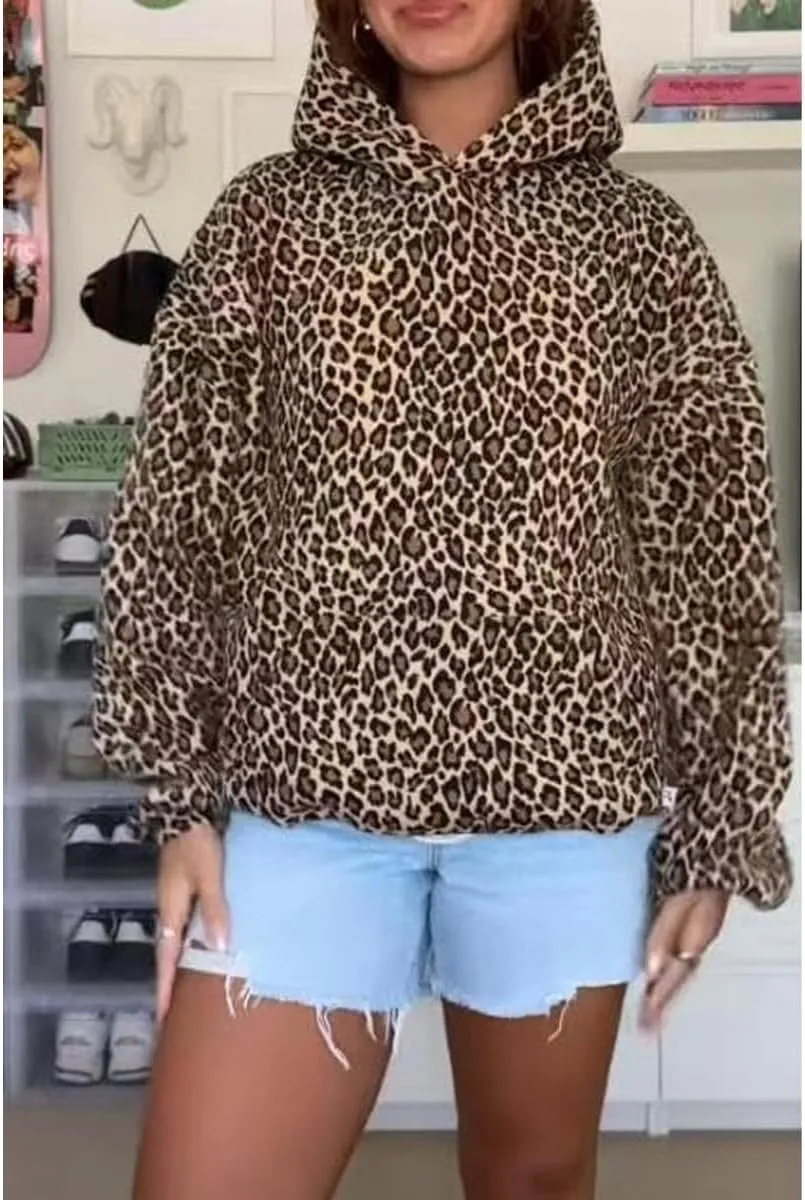 GGOOB Oversized Leopard Print Hoodie Y2k Cheetah Graphic Pullover Hooded Sweatshirt 2000s Streetwear