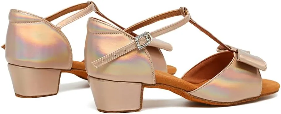 Girls Latin Dance Shoes Cute Bow Ballroom Salsa Professional Performance Practice Dance Shoes Low Heel, Model EM-L1022