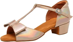 Girls Latin Dance Shoes Cute Bow Ballroom Salsa Professional Performance Practice Dance Shoes Low Heel, Model EM-L1022