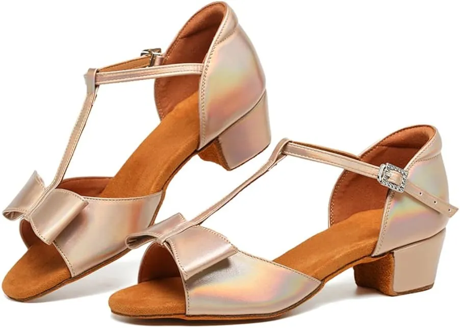 Girls Latin Dance Shoes Cute Bow Ballroom Salsa Professional Performance Practice Dance Shoes Low Heel, Model EM-L1022