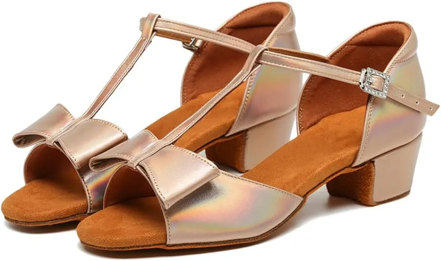 Girls Latin Dance Shoes Cute Bow Ballroom Salsa Professional Performance Practice Dance Shoes Low Heel, Model EM-L1022