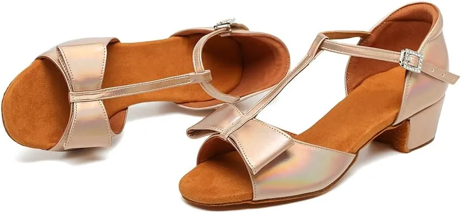 Girls Latin Dance Shoes Cute Bow Ballroom Salsa Professional Performance Practice Dance Shoes Low Heel, Model EM-L1022