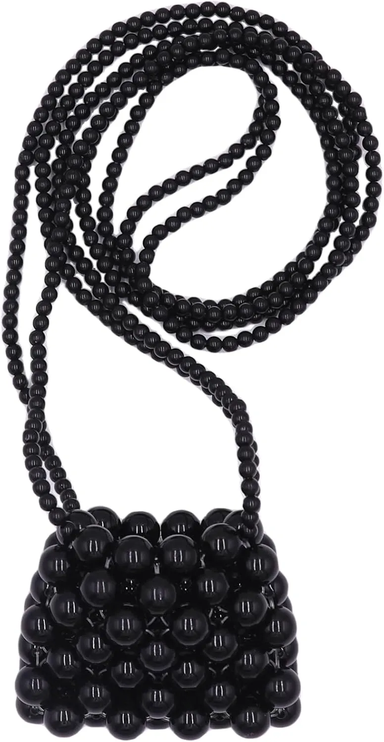 Girls Mini Pearl Purse Clutch Evening Handbag Shoulder Beaded Purse for Women Prom Wedding Coin bag 2 Pearl Straps Black