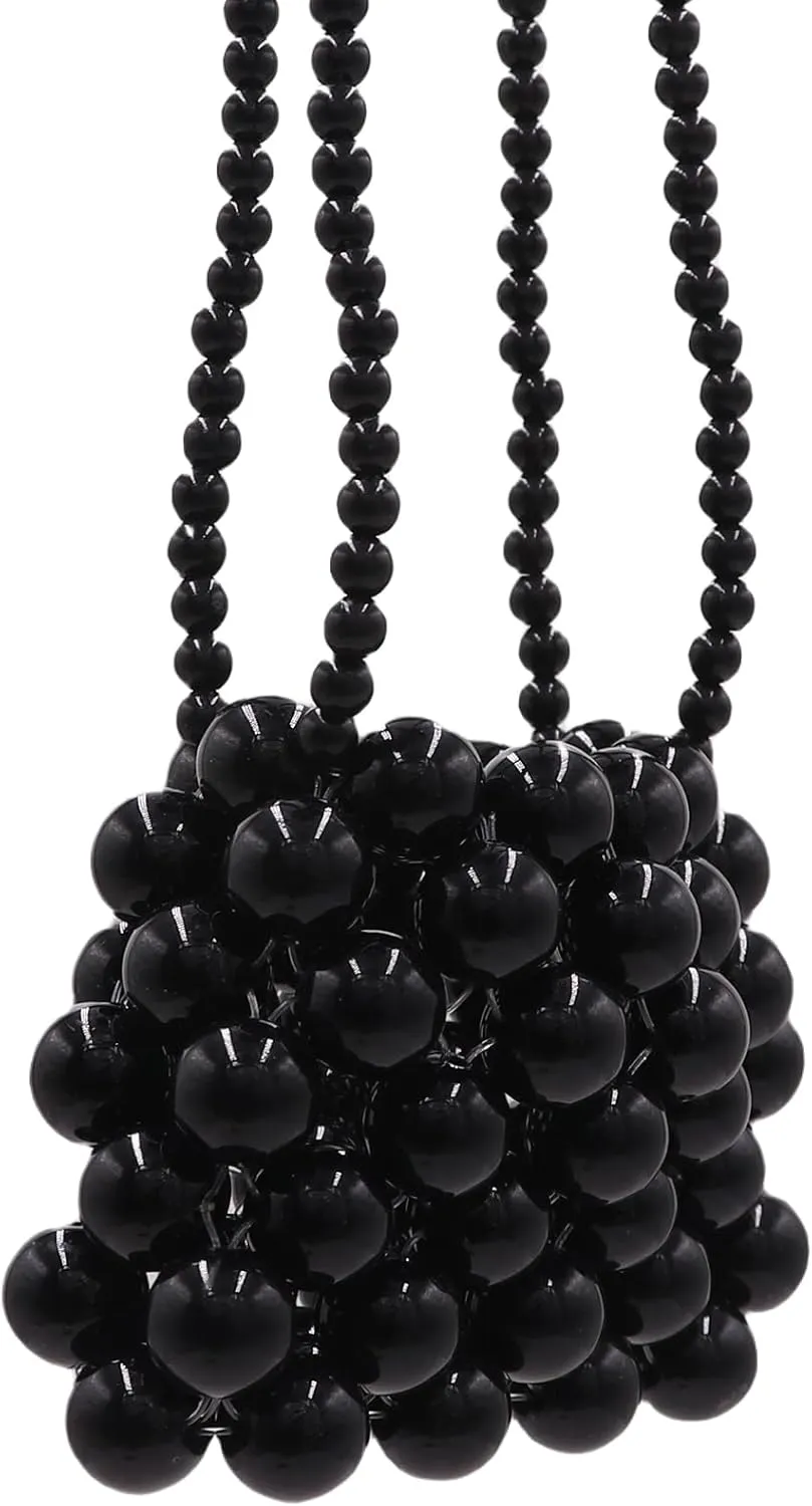 Girls Mini Pearl Purse Clutch Evening Handbag Shoulder Beaded Purse for Women Prom Wedding Coin bag 2 Pearl Straps Black