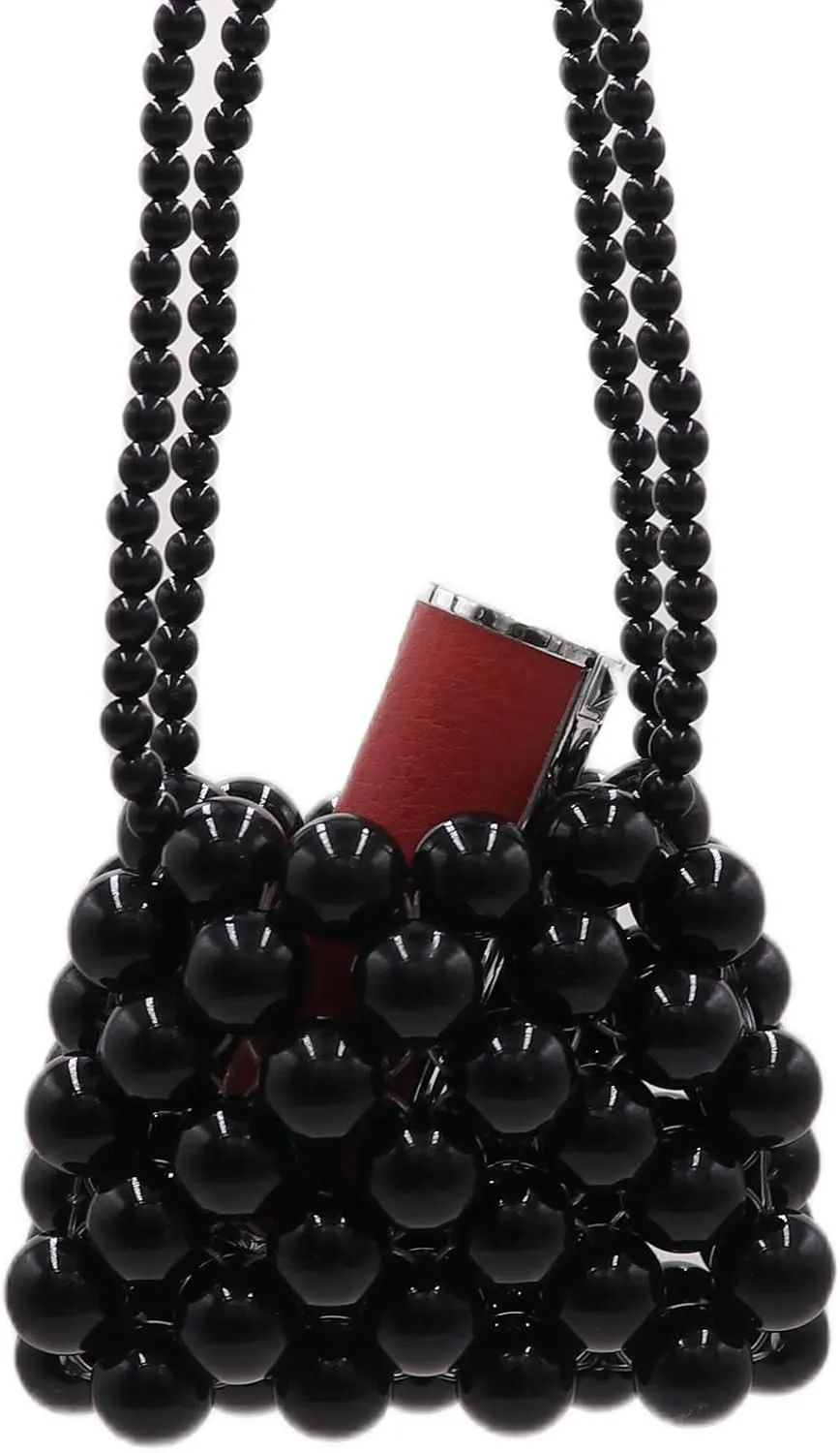 Girls Mini Pearl Purse Clutch Evening Handbag Shoulder Beaded Purse for Women Prom Wedding Coin bag 2 Pearl Straps Black