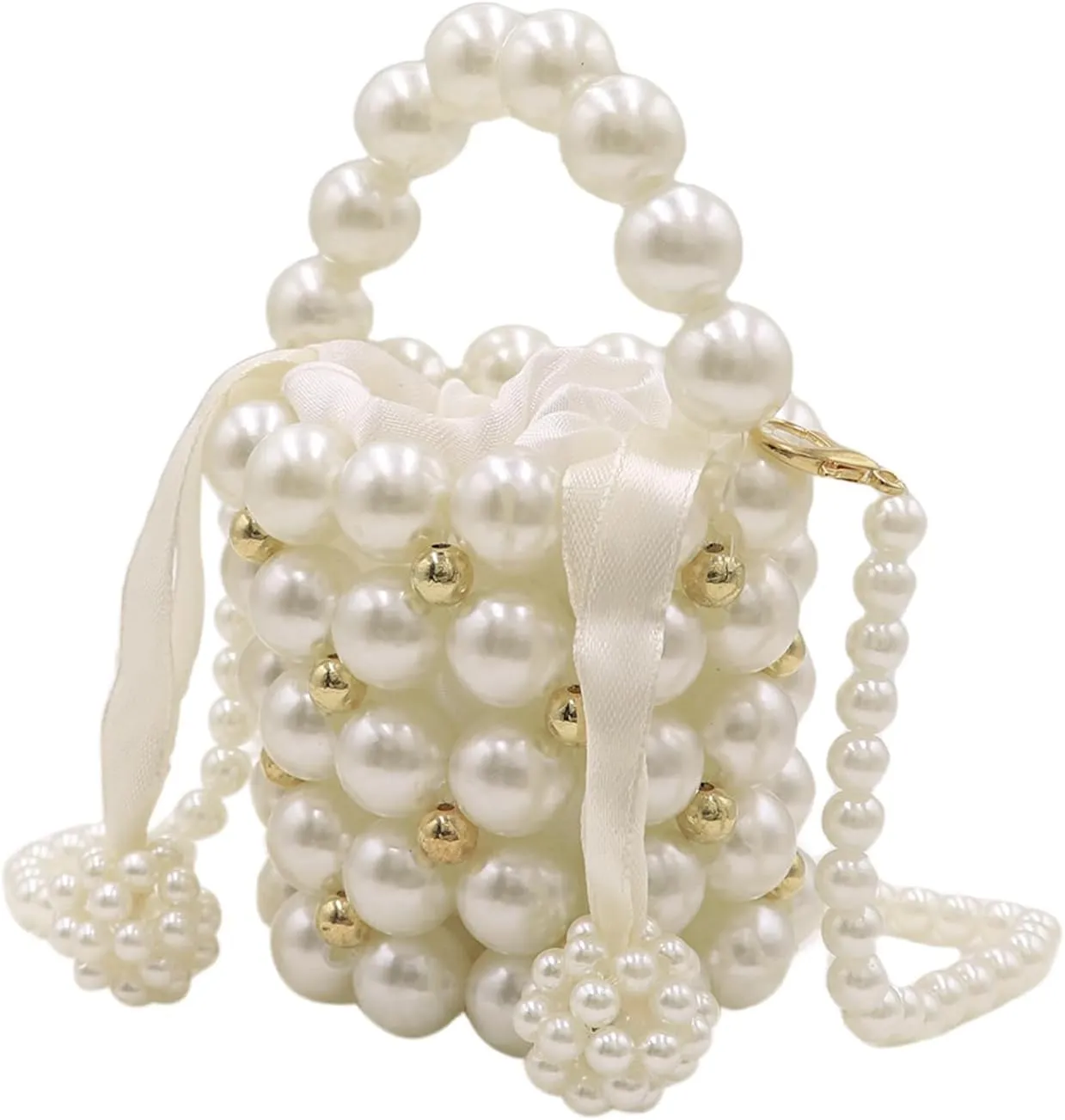 Girls Mini Pearl Purse Clutch Women Beaded Shoulder Bucket Handbag White Pearl Decoration Evening Bags with Inner Bag,4#
