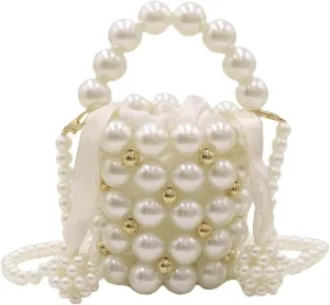 Girls Mini Pearl Purse Clutch Women Beaded Shoulder Bucket Handbag White Pearl Decoration Evening Bags with Inner Bag,4#