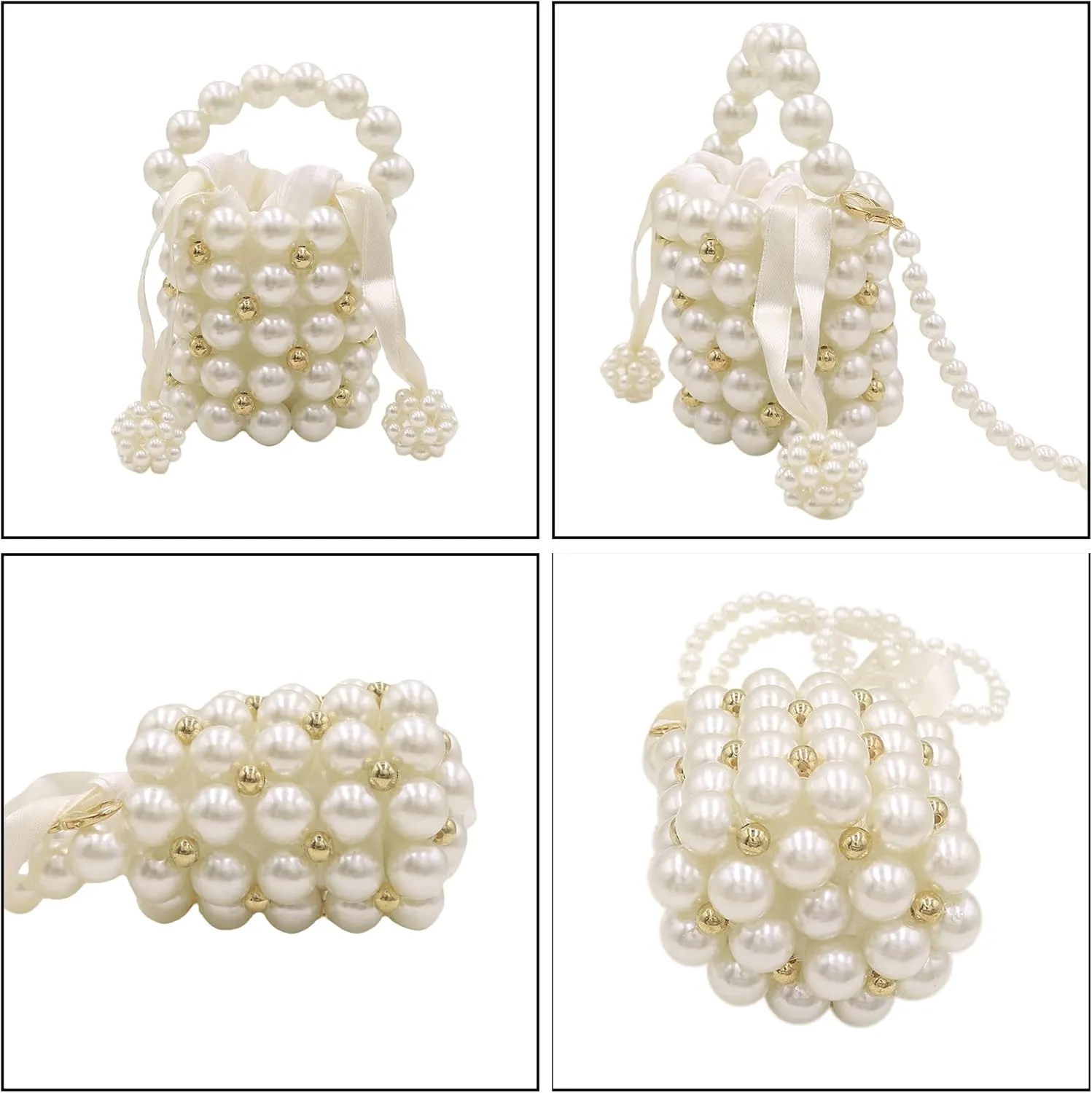 Girls Mini Pearl Purse Clutch Women Beaded Shoulder Bucket Handbag White Pearl Decoration Evening Bags with Inner Bag,4#