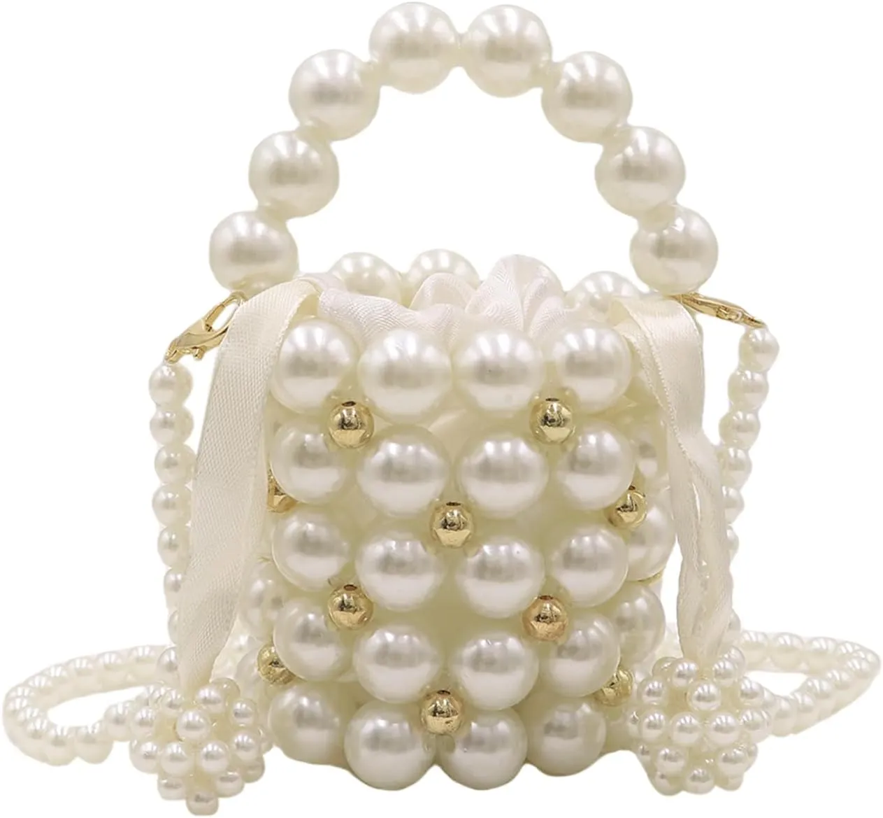 Girls Mini Pearl Purse Clutch Women Beaded Shoulder Bucket Handbag White Pearl Decoration Evening Bags with Inner Bag,4#