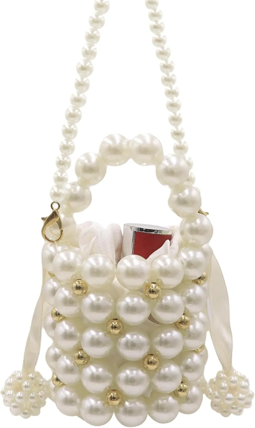 Girls Mini Pearl Purse Clutch Women Beaded Shoulder Bucket Handbag White Pearl Decoration Evening Bags with Inner Bag,4#