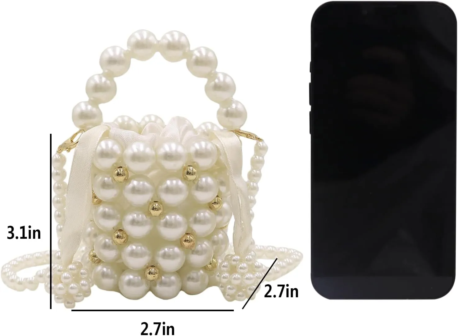 Girls Mini Pearl Purse Clutch Women Beaded Shoulder Bucket Handbag White Pearl Decoration Evening Bags with Inner Bag,4#