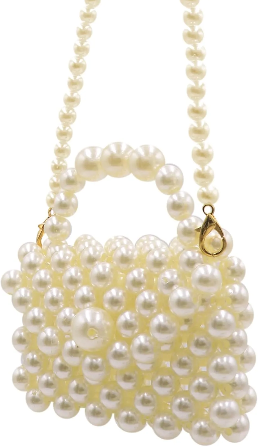 Girls Mini Pearl Purse Shoulder Clutch Evening Beaded Handbag for Women Party Wedding,Pearls Flap Handle Message Bag 1#