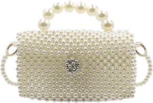 Girls Pearl Purse Small Pearl Beaded Shoulder Bag for Women Lady Beaded Clutch Evening Bag Wedding,Flap Message Bag