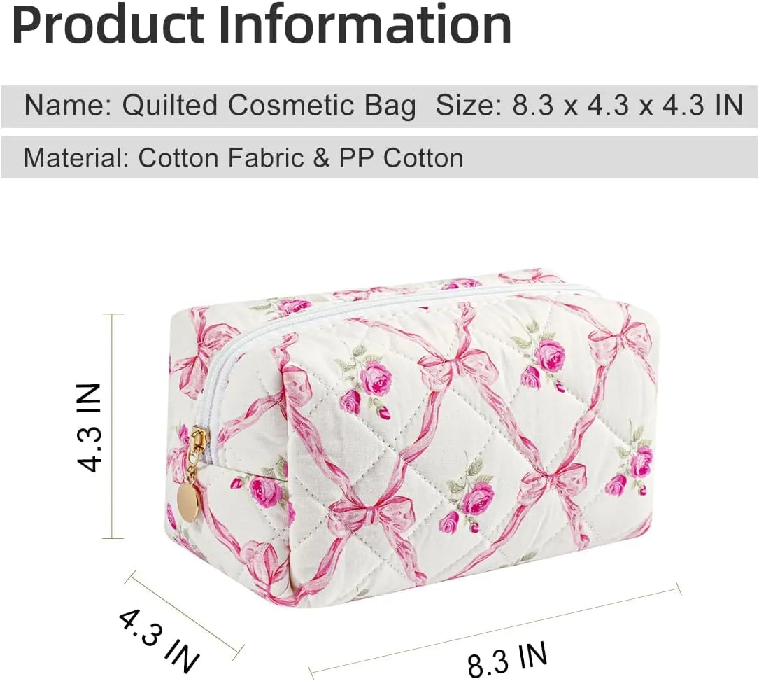 Gleyemor 2 Pieces (Large   Small) Quilted Makeup Bag, Cute Floral Cosmetic Bag for Women, Travel Toiletry Cotton Bag Tote Bag Organizer (Pink Bowknot&Rose)