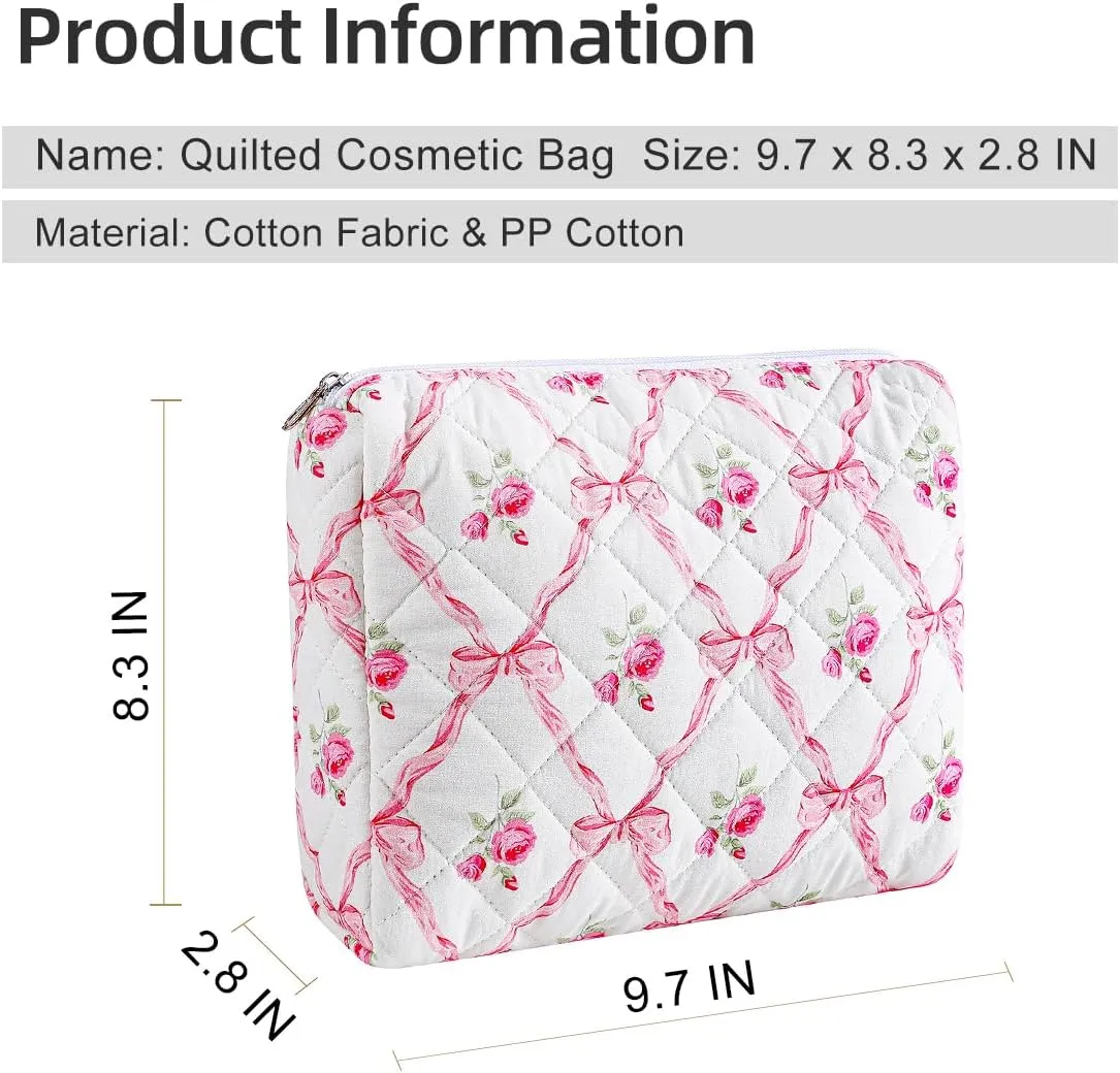 Gleyemor 2 Pieces (Large   Small) Quilted Makeup Bag, Cute Floral Cosmetic Bag for Women, Travel Toiletry Cotton Bag Tote Bag Organizer (Pink Bowknot&Rose)