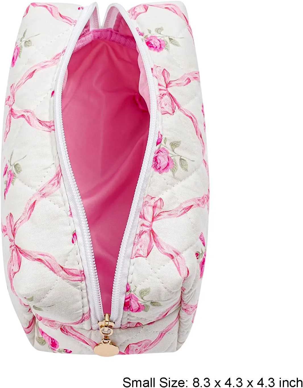 Gleyemor 2 Pieces (Large   Small) Quilted Makeup Bag, Cute Floral Cosmetic Bag for Women, Travel Toiletry Cotton Bag Tote Bag Organizer (Pink Bowknot&Rose)