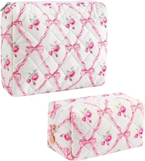 Gleyemor 2 Pieces (Large   Small) Quilted Makeup Bag, Cute Floral Cosmetic Bag for Women, Travel Toiletry Cotton Bag Tote Bag Organizer (Pink Bowknot&Rose)