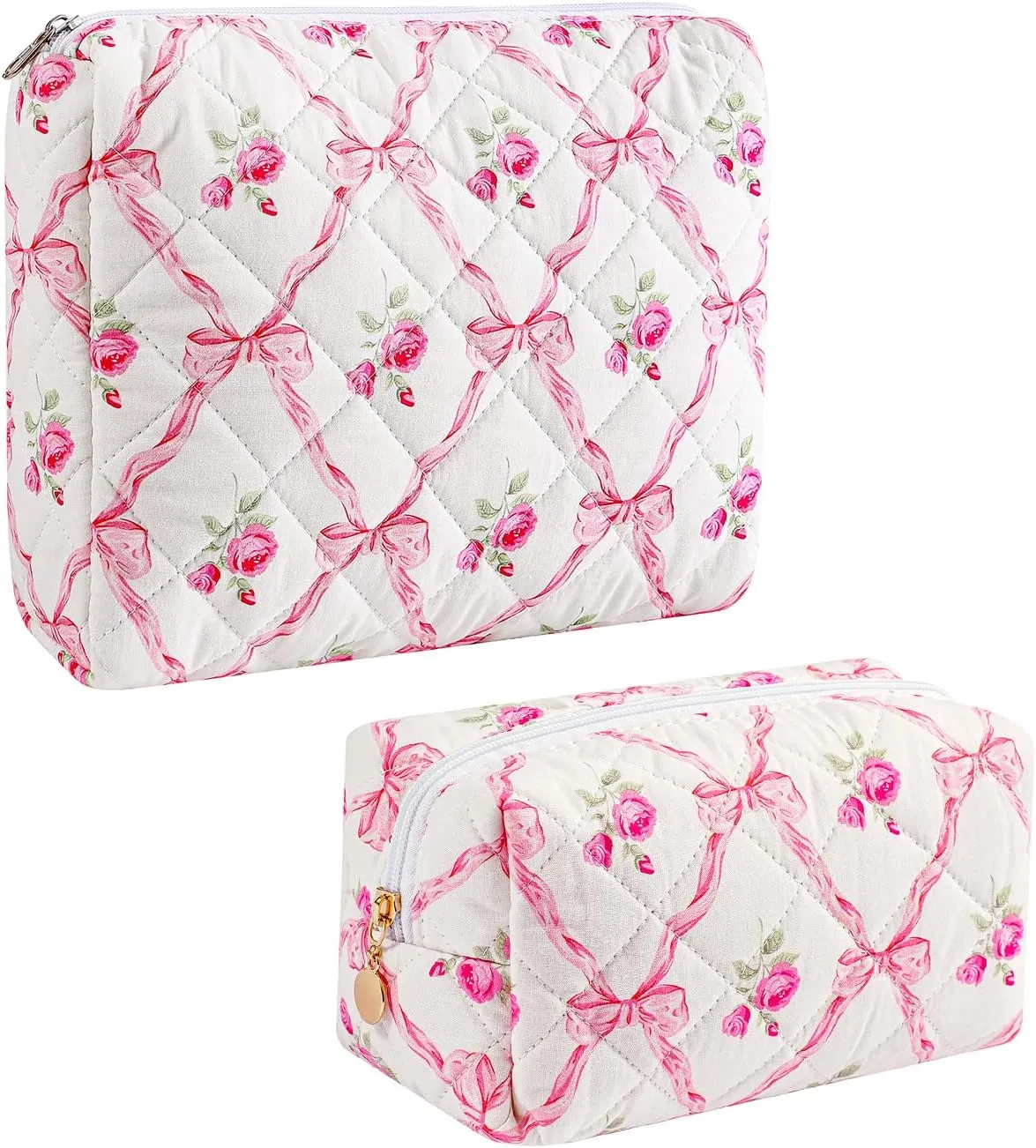 Gleyemor 2 Pieces (Large   Small) Quilted Makeup Bag, Cute Floral Cosmetic Bag for Women, Travel Toiletry Cotton Bag Tote Bag Organizer (Pink Bowknot&Rose)