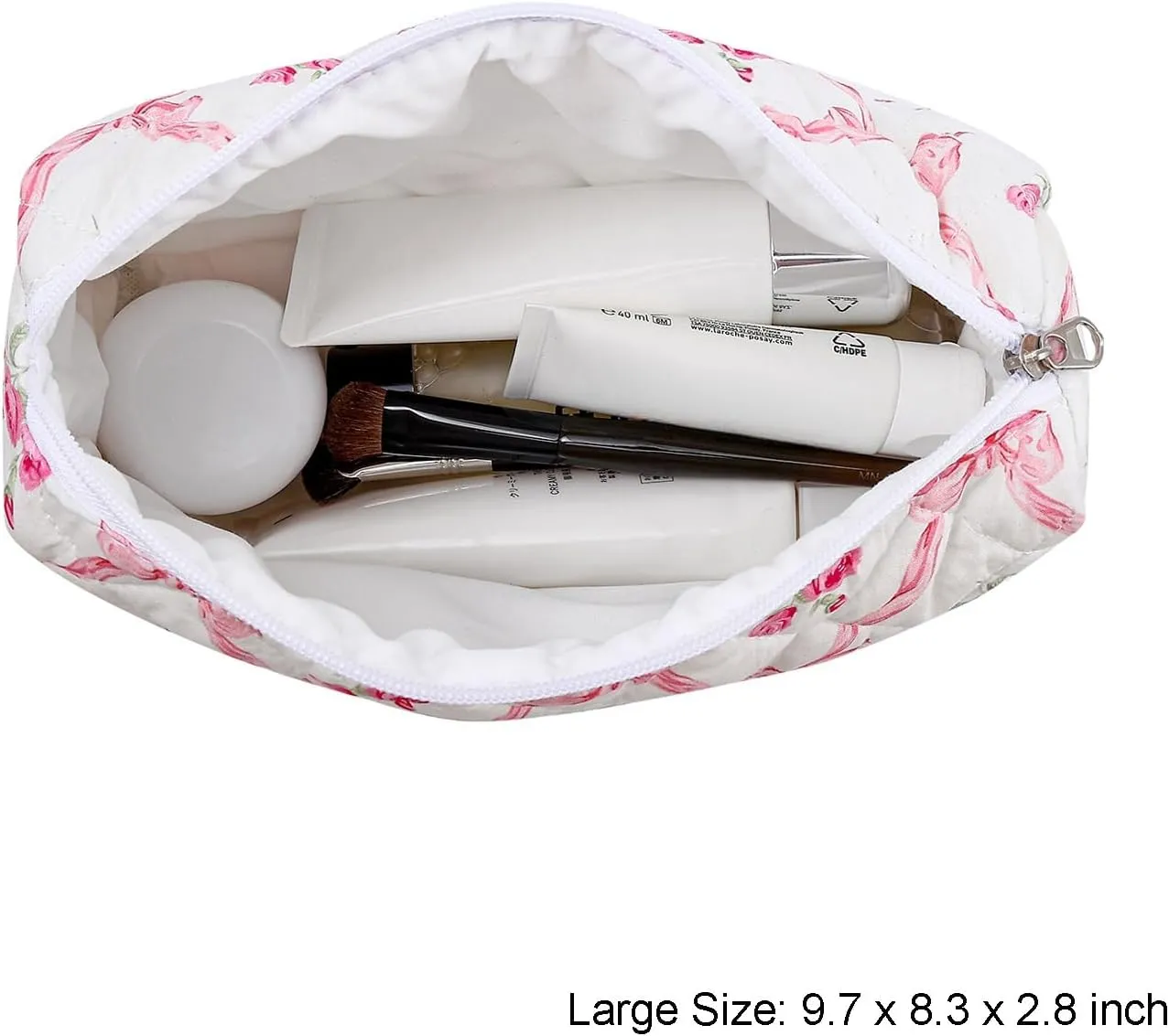 Gleyemor 2 Pieces (Large   Small) Quilted Makeup Bag, Cute Floral Cosmetic Bag for Women, Travel Toiletry Cotton Bag Tote Bag Organizer (Pink Bowknot&Rose)