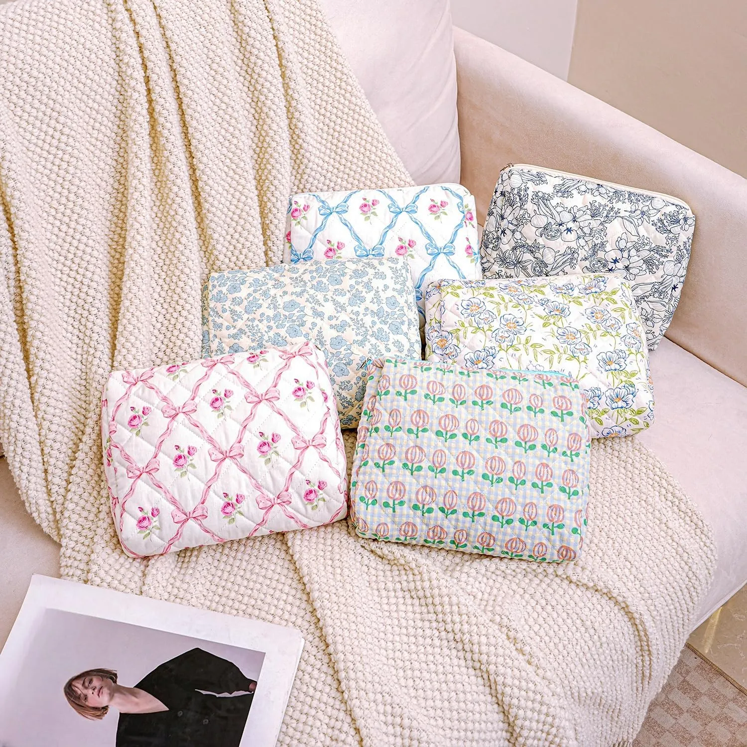 Gleyemor 2 Pieces (Large   Small) Quilted Makeup Bag, Cute Floral Cosmetic Bag for Women, Travel Toiletry Cotton Bag Tote Bag Organizer (Pink Bowknot&Rose)
