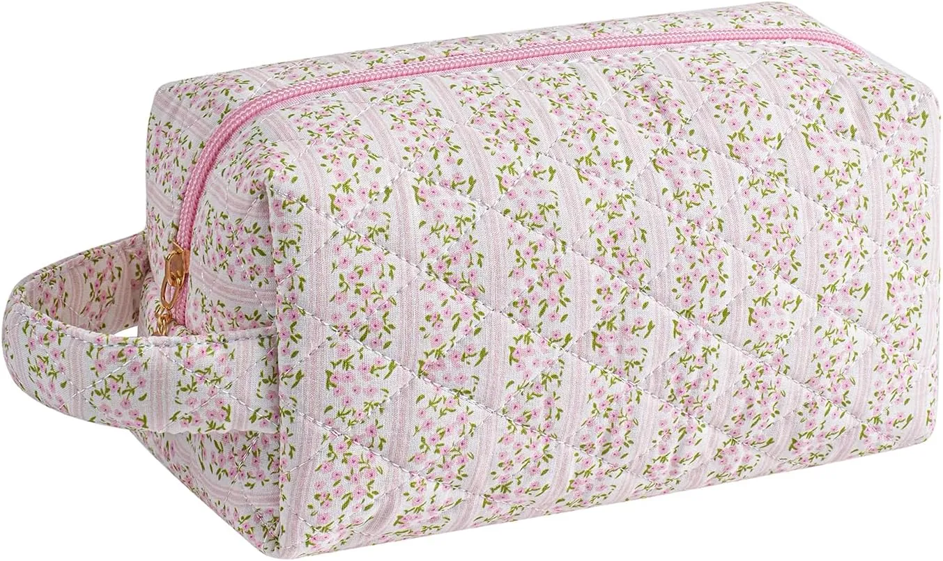 Gleyemor Cute Small Quilted Makeup Bag for Women, Floral Cotton Cosmetic Bag, Toiletry Pouch Travel Essentials Christmas Gifts (Pink Floral)