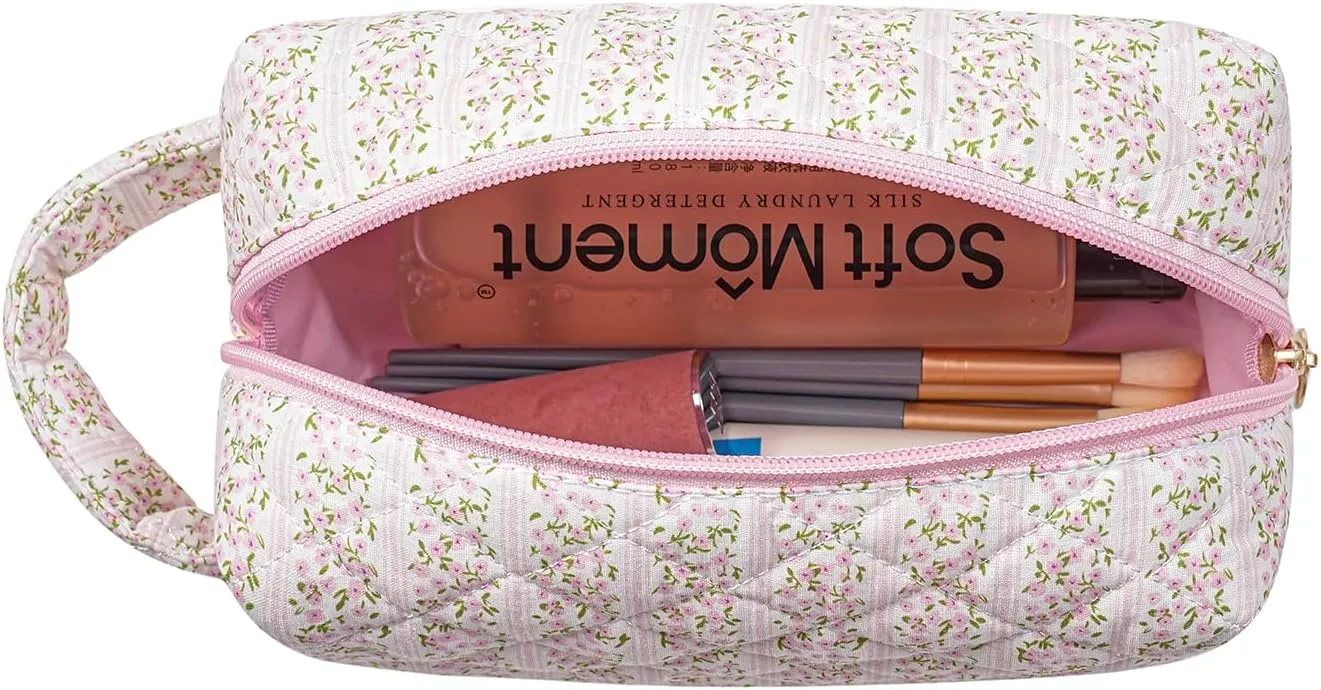 Gleyemor Cute Small Quilted Makeup Bag for Women, Floral Cotton Cosmetic Bag, Toiletry Pouch Travel Essentials Christmas Gifts (Pink Floral)