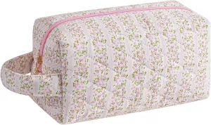 Gleyemor Cute Small Quilted Makeup Bag for Women, Floral Cotton Cosmetic Bag, Toiletry Pouch Travel Essentials Christmas Gifts (Pink Floral)