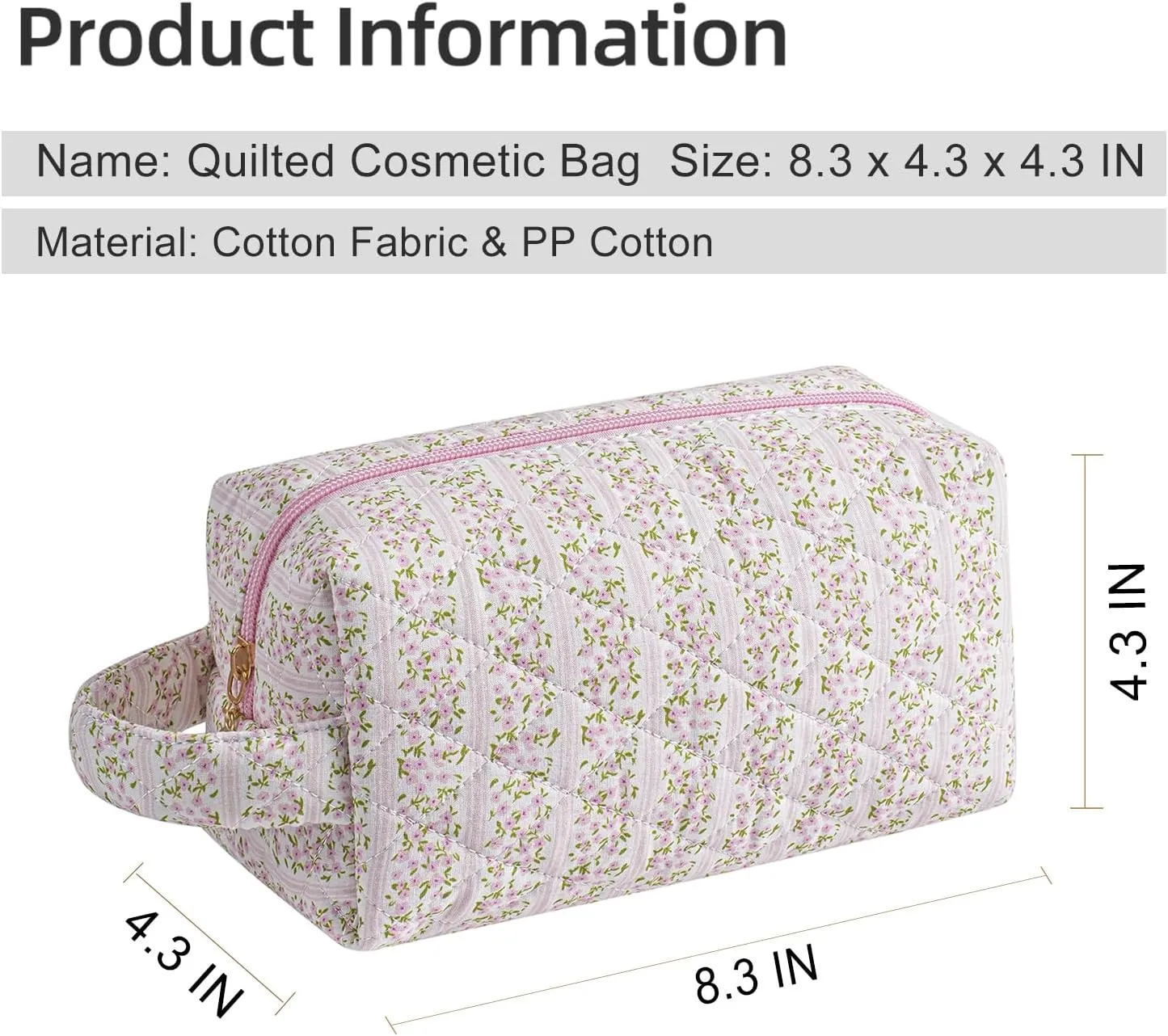 Gleyemor Cute Small Quilted Makeup Bag for Women, Floral Cotton Cosmetic Bag, Toiletry Pouch Travel Essentials Christmas Gifts (Pink Floral)
