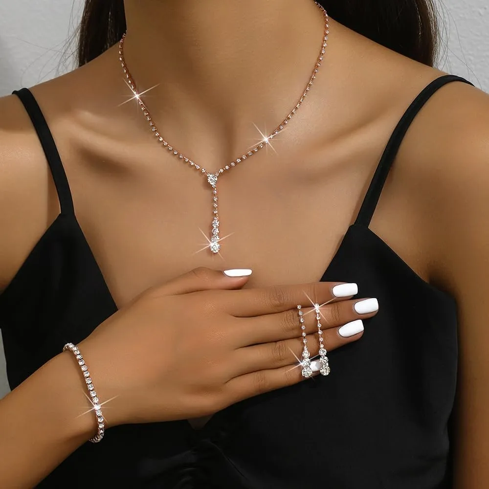 Gold Prom Jewelry Sparkly Silver Jewelry Set for Prom Rhinestone Necklace Earrings Bracelet Bridal Wedding Prom Costume Jewelry Sets for Women