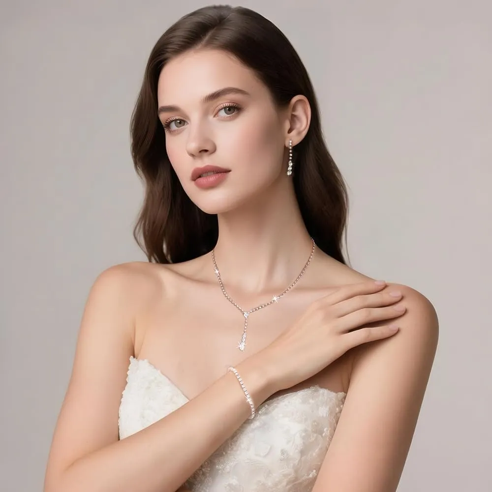 Gold Prom Jewelry Sparkly Silver Jewelry Set for Prom Rhinestone Necklace Earrings Bracelet Bridal Wedding Prom Costume Jewelry Sets for Women