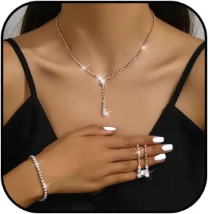 Gold Prom Jewelry Sparkly Silver Jewelry Set for Prom Rhinestone Necklace Earrings Bracelet Bridal Wedding Prom Costume Jewelry Sets for Women