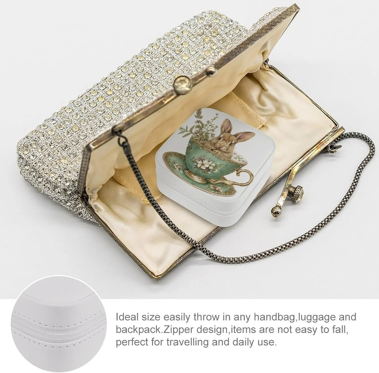 Gorgeous Teacup And Saucer Travel Jewelry Case,rabbit Sitting Inside Bouquet of Flowers Small Jewelry Box Jewelry Organizer Portable PU Leather Mini Jewelry Case for Girls Womens Earring Necklace Ring
