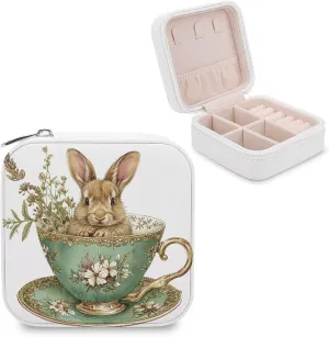 Gorgeous Teacup And Saucer Travel Jewelry Case,rabbit Sitting Inside Bouquet of Flowers Small Jewelry Box Jewelry Organizer Portable PU Leather Mini Jewelry Case for Girls Womens Earring Necklace Ring
