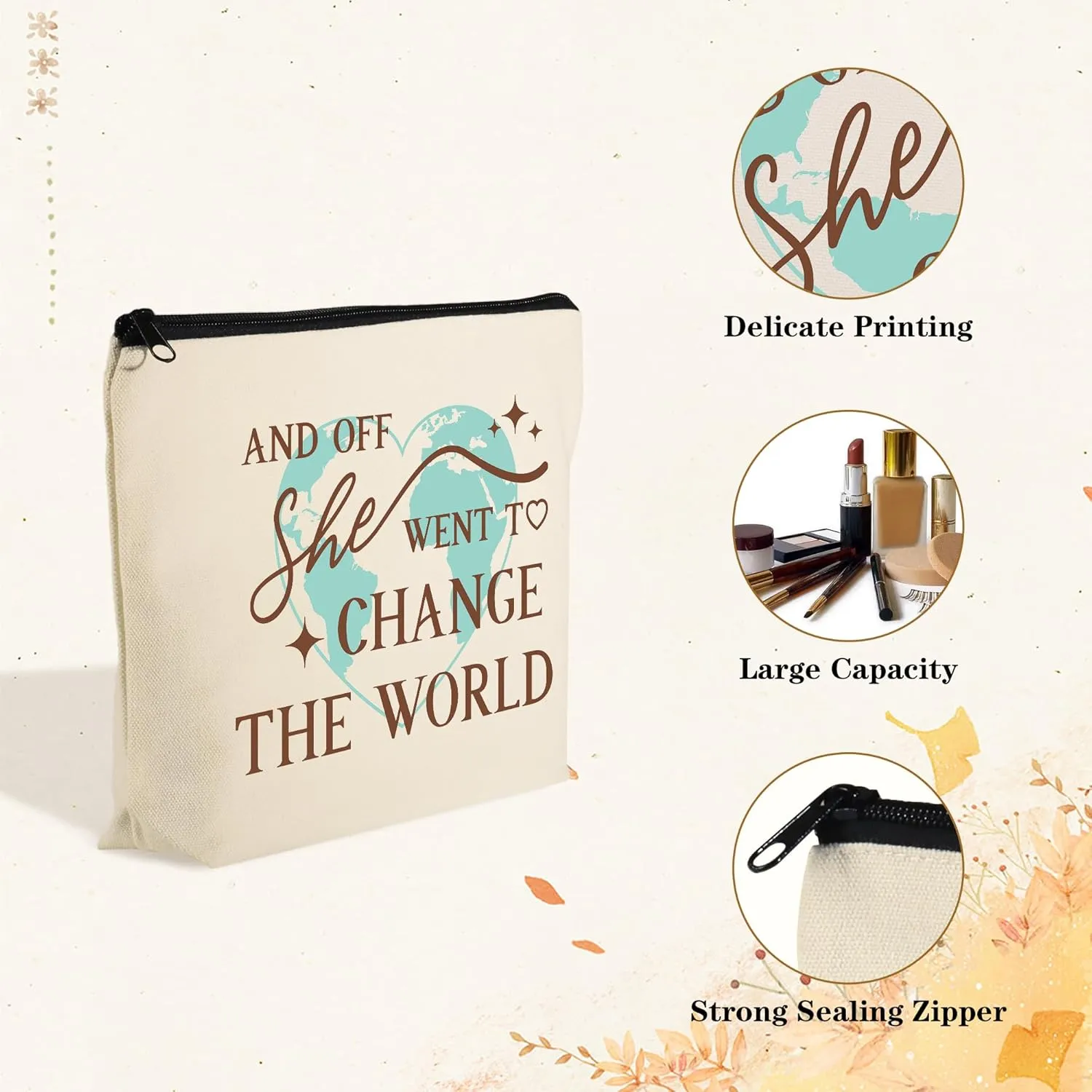 Graduation Gifts for Her Makeup Bag Travel Cosmetic Bag And Off She Went to Change the World Graduation Gift for Daughter Granddaughter Farewell gifts for Coworkers Friends01