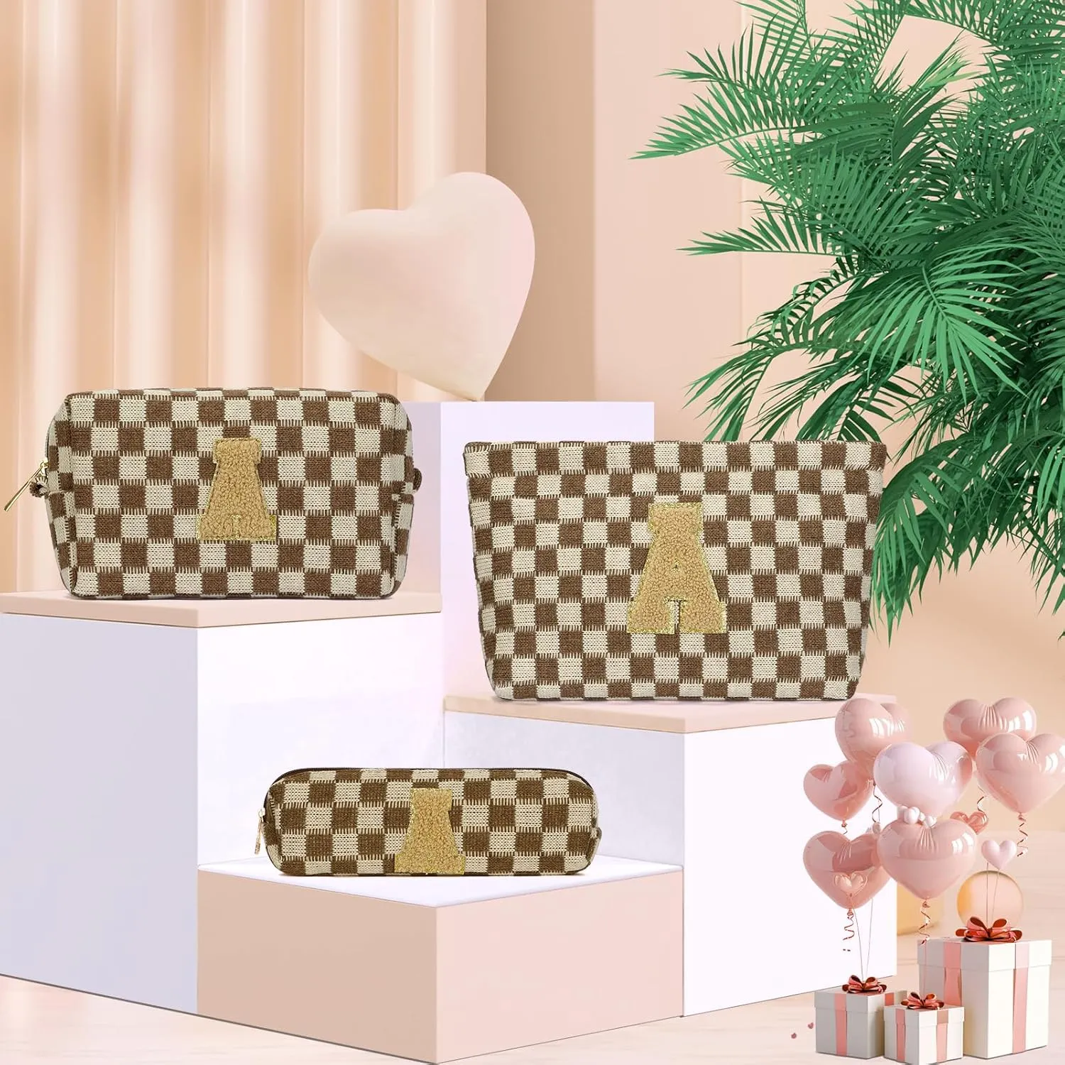 Graduation Gifts for Her,3 Pieces Checkered Makeup Bag Personalized Initial Make Up Bag Cute Storage Pouch Travel Toiletry Cosmetic Bag Teacher Birthday Gifts for Women (Brown-K)
