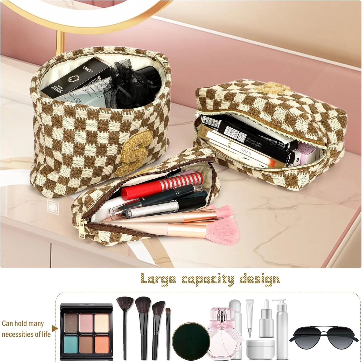 Graduation Gifts for Her,3 Pieces Checkered Makeup Bag Personalized Initial Make Up Bag Cute Storage Pouch Travel Toiletry Cosmetic Bag Teacher Birthday Gifts for Women (Brown-K)