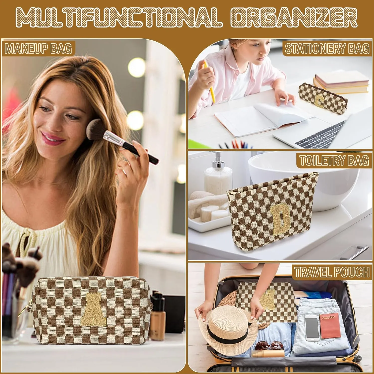 Graduation Gifts for Her,3 Pieces Checkered Makeup Bag Personalized Initial Make Up Bag Cute Storage Pouch Travel Toiletry Cosmetic Bag Teacher Birthday Gifts for Women (Brown-K)