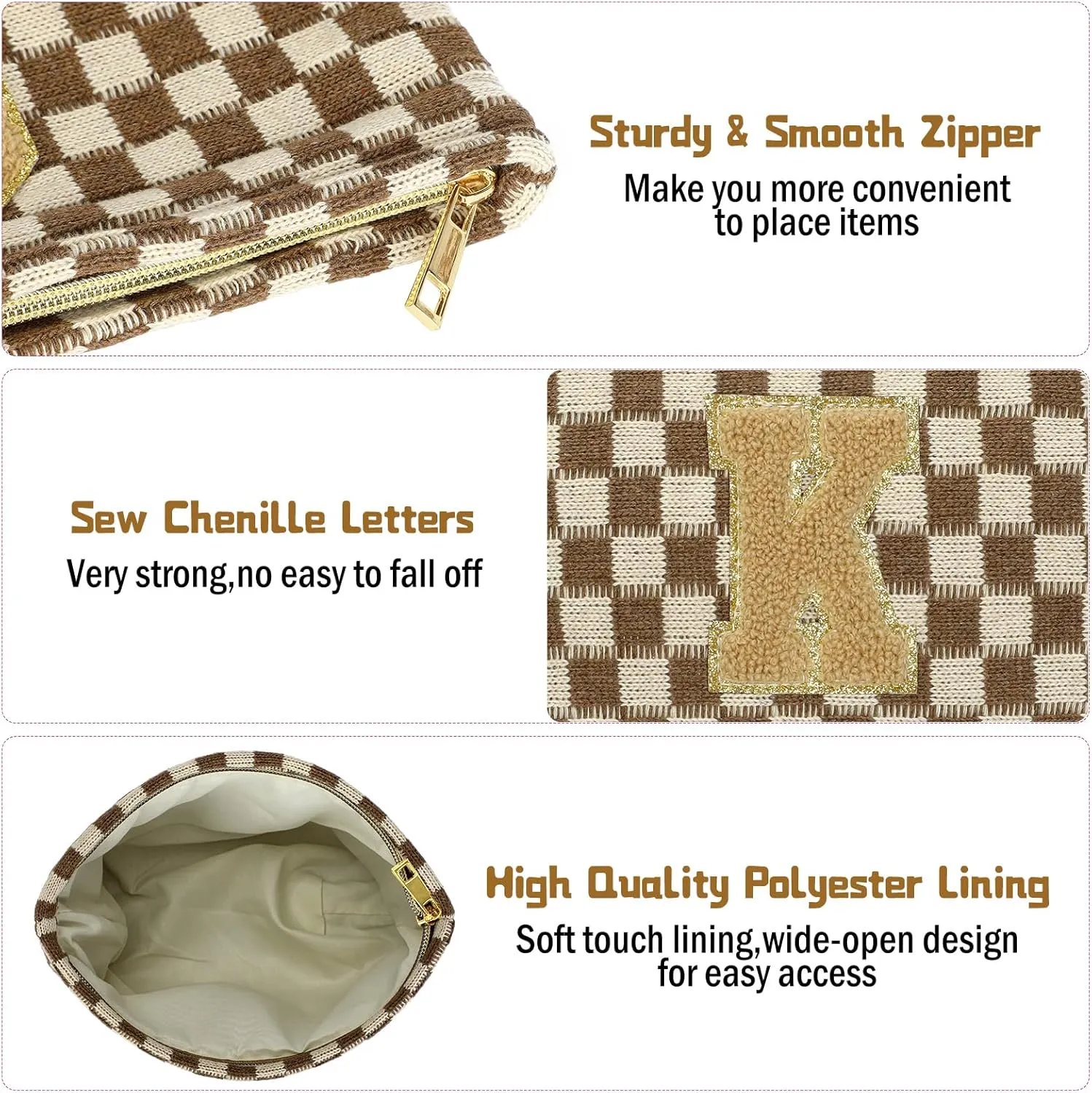 Graduation Gifts for Her,3 Pieces Checkered Makeup Bag Personalized Initial Make Up Bag Cute Storage Pouch Travel Toiletry Cosmetic Bag Teacher Birthday Gifts for Women (Brown-K)