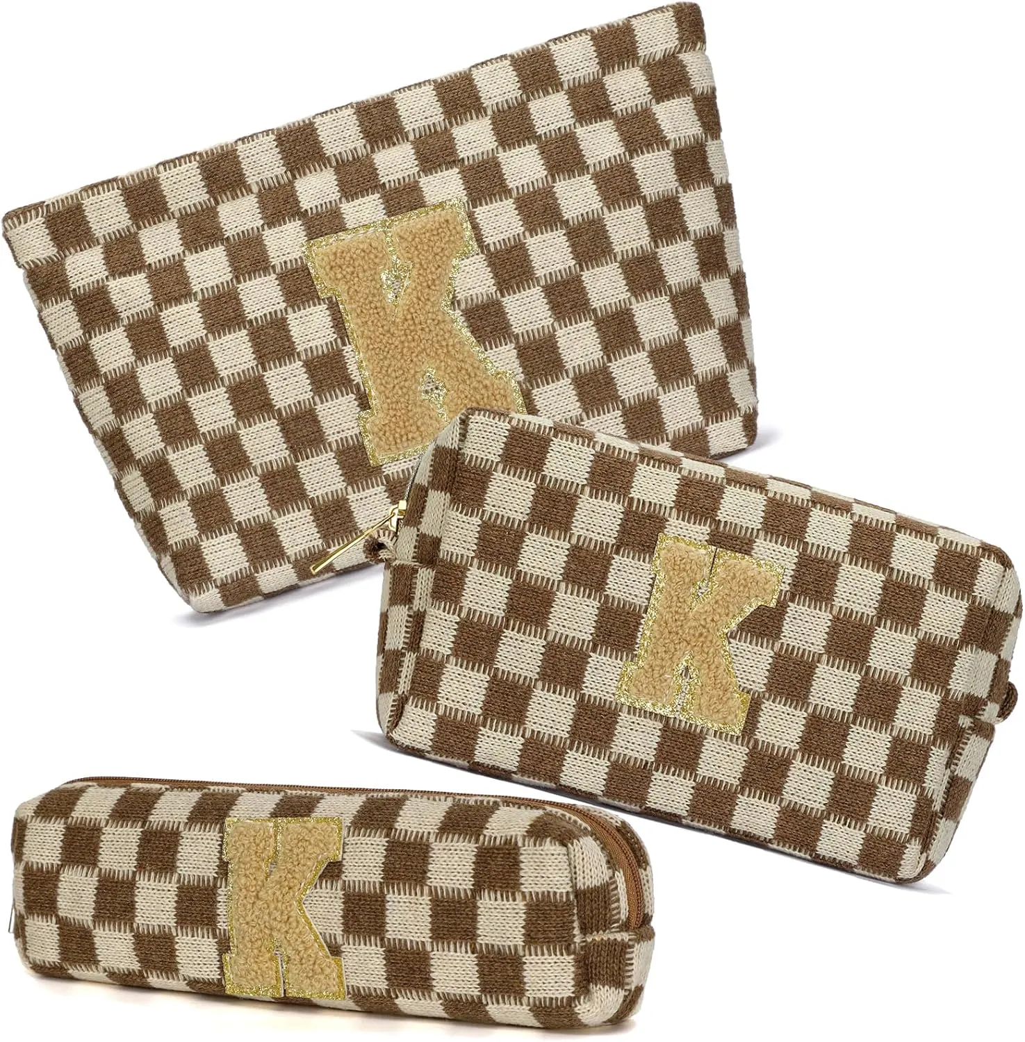 Graduation Gifts for Her,3 Pieces Checkered Makeup Bag Personalized Initial Make Up Bag Cute Storage Pouch Travel Toiletry Cosmetic Bag Teacher Birthday Gifts for Women (Brown-K)