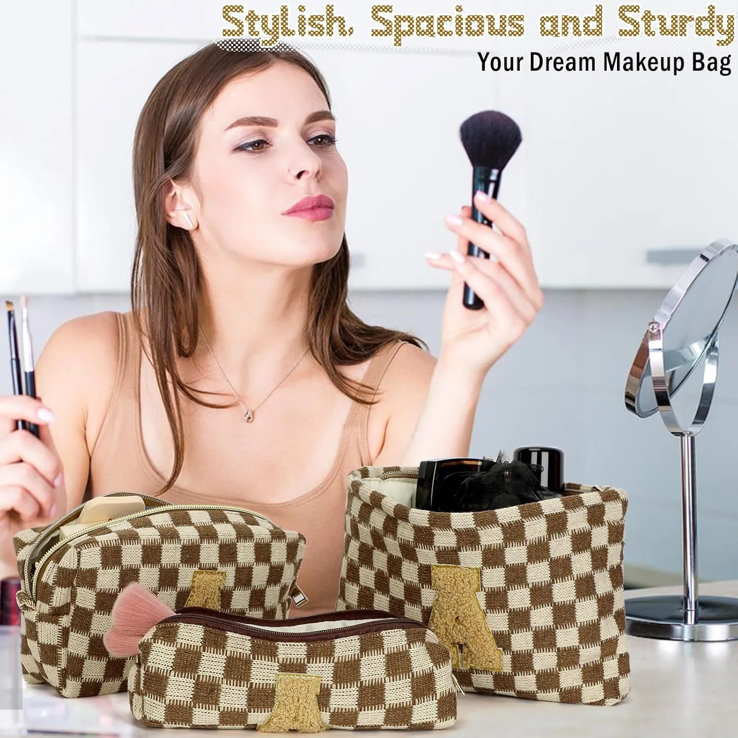 Graduation Gifts for Her,3 Pieces Checkered Makeup Bag Personalized Initial Make Up Bag Cute Storage Pouch Travel Toiletry Cosmetic Bag Teacher Birthday Gifts for Women (Brown-K)